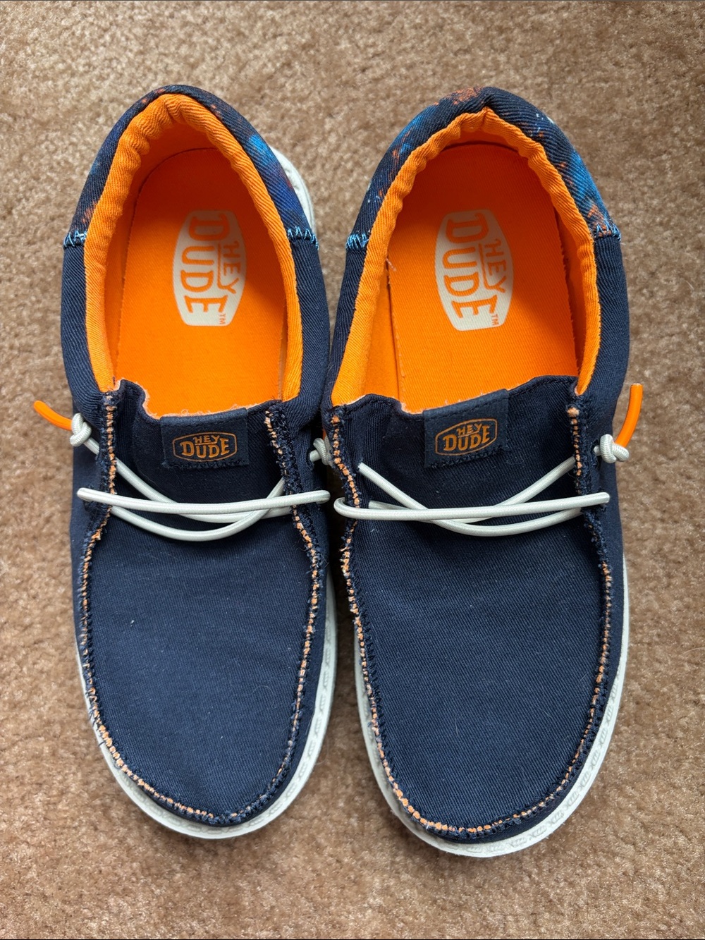 Hey Dude Kids Navy Canvas Slip-Ons with Bright Orange Interior